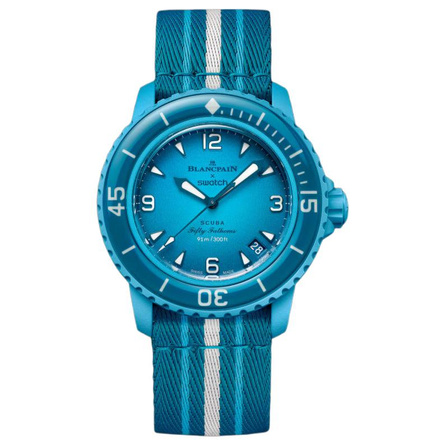 SWATCH x BLANCPAIN Fifty Fathoms Series FIFTY FATHOMS Mechanical Movement 90m Water Resistant Unisex Swiss Watch 42.3mm Blue Dial Ceramic Case NATO Strap