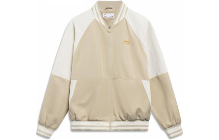 LiNing Sports Fashion Series Logo Print Color-Block Loose Fit Baseball Jacket Men's Beige