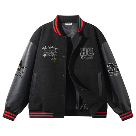 HUANQIU American Heavyweight Retro Star Letter Logo Color Block Leather Trim Casual Bomber Jacket Unisex