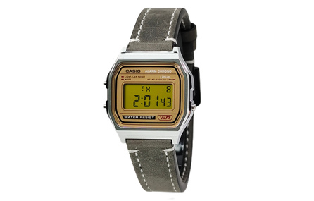 Custom Watch CASIO Modified Series Silver Resin Case A158WEA-9 Modified - Black Feather Sundial Quartz Movement Leather Strap Japanese Korean Watch Men's Watch Gold Dial