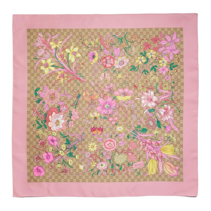 GUCCI Multi-Floral Print Pattern Silk Scarf Women's Pink