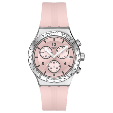 SWATCH Swatch Essentials Series Quartz Movement 30m Water Resistance Unisex Swiss Watch 43mm Pink Dial Stainless Steel Case Silicone Strap