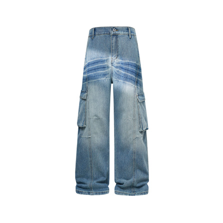 SESAME STREET American Retro Cargo Wide Leg Ocean Bamboo Texture Horizontal Pleat Design Three-Dimensional Large Side Pockets Structure Back Waist Elastic Adjustment Heavy Wash Process to Create Full Hardcore Street Outfit Denim Pants Men's