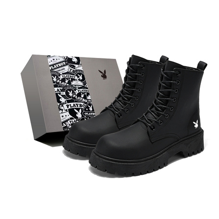 Playboy Black Warrior Retro Classic Minimalist Biker Workwear Mountain Outdoor Hiking Sports Daily Commute Casual Comfortable Versatile Thick Sole Height-Enhancing Leg-Lengthening Non-Slip Wear-Resistant Mid-Calf Martin Boots Unisex Gift Box Edition