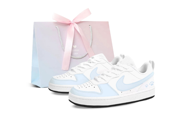 Nike Custom Sneakers Court Borough GS Light Moon Blue Gift Bag Girlfriend Valentine's Day Romantic Atmosphere Versatile Low-Top Skate Shoes Women's Blue