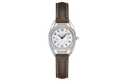 LONGINES Equestrian Quartz Date Display 26mm Women's Watch Silver Dial Steel Case Leather Strap
