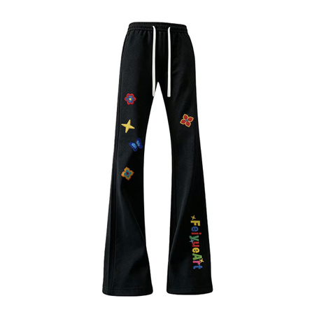 Feiyue Four-Season Wearable Vintage American High Street Colorful Butterfly Flower Logo Print Versatile Slightly Flared Curved Blade Lace-Up Sweatpants Height-Enhancing Slimming Loose Wide Leg Outdoor Sports Couple Ice Silk Cool Quick-Dry Breathable Casua