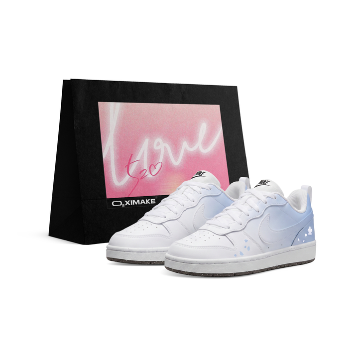 [Custom Sneakers] Nike Court Borough Cherry Blossom Snow GS Macaron Dopamine Sea Salt Fresh Campus Style Healing Student First Love White Shoes Wear-Resistant Low-Top Skate Shoes Unisex White-Blue