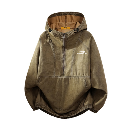 Jeep American High Street Vintage Letter Logo Print Pure Cotton Comfortable Hooded Half-Open Collar Zip Design Raglan Sleeve Structured Cut Paneled Trendy Fashion Commute Versatile Daily Casual Edgy Jacket Unisex