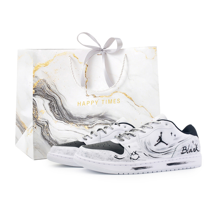 Custom SneakersJordan COURT CONNECT Gray Sequence Gift Bag Jinyuan Manufacturing Hand-Painted Graffiti Texture Anti-Slip Wear-Resistant Low-Top Skate Shoes Men's Black White