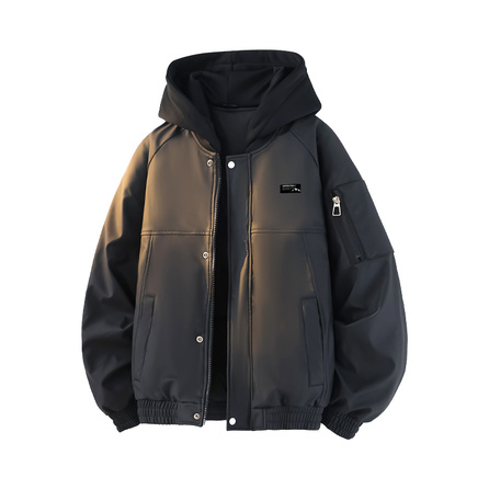 Warrior Unisex 'Riding the Waves' Series American Street Style Zip 90% Down DIY Badge High Street Style Faux Two-Piece Loose Cold-Resistant Fleece-Lined Thick High-Loft Pilot Workwear Hooded Long Sleeve Down Jacket