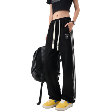 GROGNAK American Retro Side Stripe Logo Letter Print Loose Straight Leg Drawstring Elastic Waist Versatile Comfortable Commute Casual Pants Unisex