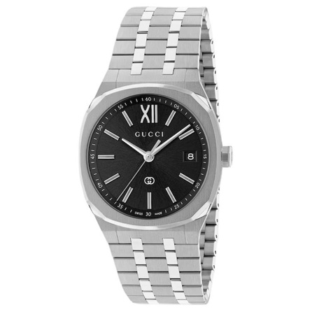 GUCCI 25H Watch Quartz Movement Stainless Steel Strap 36mm Black Dial Men's Watch 50M Water Resistant