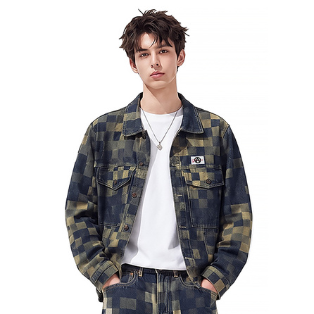 Acupuncture Vintage Distressed Checkered Lapel Jacket Men's Trendy Pure Cotton Comfortable Loose Denim Jacket Men's