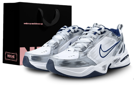 [Custom Sneakers] Nike Air Monarch 4 Gift Bag Edition 'Silver Wing Hunter' Distressed Retro Urban Techwear Low-Top Dad Shoes Unisex Gray White