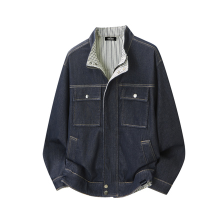 SESAME STREET American Retro Niche Street Spring Autumn Raw Denim Color Stand Collar Design Trendy Loose Casual Daily Commute Premium Versatile Multi-Pocket Denim Jacket Men's