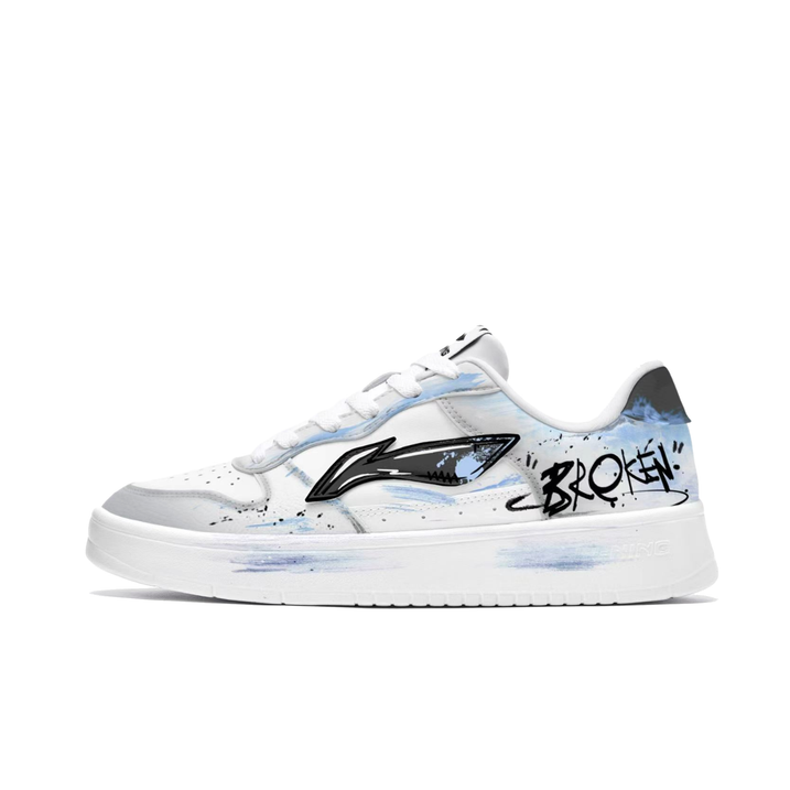 Custom SneakersLiNing Blue Realm Scratches Hand-Painted Graffiti Fashion Design Fresh English Low-Top Skate Shoes Men's White-Blue
