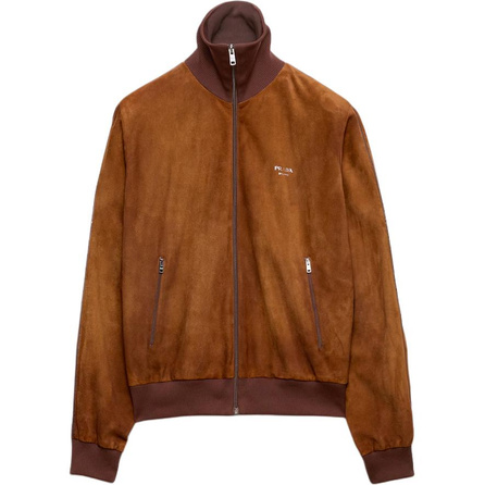 PRADA FW25 Suede Logo Ribbed Knit Zipper Long Sleeve Cropped Jacket Coat Men's Cognac