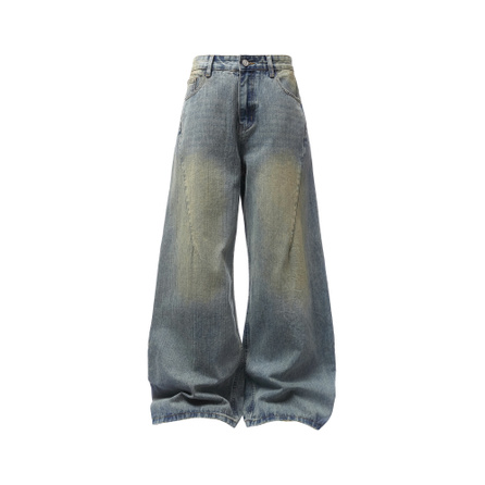 SESAME STREET Bamboo Texture Pleated Wide Leg American High Street Retro Light Wash Distressed Spring Autumn High Aesthetic Long Pants Loose Comfortable Breathable Drape Tall Slimming Cleanfit Jeans Men's