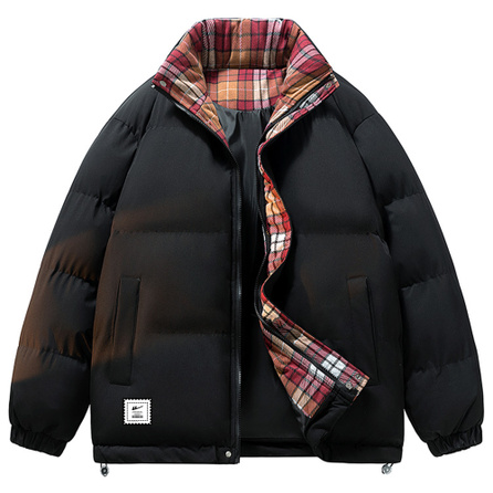Warrior Unisex Zip-Up American College Style Embroidered Letter Logo Print Loose Casual Cold-Resistant Jacket Plaid Patchwork Windproof Padded Coat