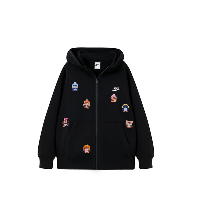 Nike Custom 'Ice Penguin Embroidered Flower' Simple Zip-Up Hooded Long Sleeve Jacket Men's Black