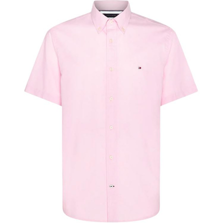 Tommy Hilfiger Simple Logo Solid Color Fitted Pointed Collar Short Sleeve Shirt Men's Pink