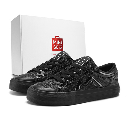MINISO Gift Box Black Shimmer Starry Retro Classic Shiny Surface Versatile Thick Sole Height-Enhancing Trendy Campus Style Student Couple Commute Breathable Casual Street Skateboard Cool Big Devil Black Warrior Low-Top Skate Shoes Unisex