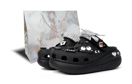 SneakersCrocs Crush Clog Brown Sugar Milk Foam Sweet Girl Custom Coal Ball Accessories Hand-Painted Heart Bow Gift Bag Edition Thick Sole Puffy Soft Height-Boosting Clogs Unisex Black