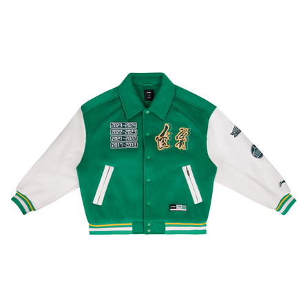 LiNing 25-26 Season CBA Liaoning Team 2025 Winter Fleece-Lined Warm American Couple Retro Sports Jacket Baseball Style Casual Windproof Top Loose Cotton Jacket Unisex Green