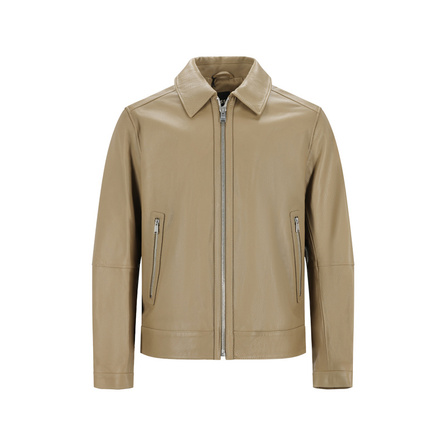 HUGO BOSS Lambskin Solid Color Long Sleeve Leather Jacket Coat Men's