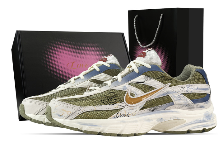 [Custom Sneakers] Nike Initiator Cloud Mist Love Gift Box Chinese Trend Hand-Painted Distressed Auspicious Cloud Gradient Versatile Breathable Support Low-Top Casual Running Shoes Men's Blue