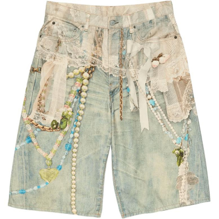 Acne Studios FW25 Lace Pearl Chain 3D Trompe L'oeil Print Denim Shorts Unisex