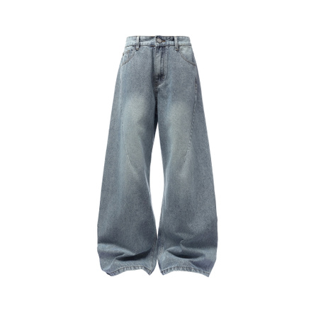 SESAME STREET American Retro Washed Distressed Wide-Leg Pants Streetwear High Street Deconstructed Split Design Premium Feel Mid-Rise Loose Comfortable Drape Lazy Style Fashionable Versatile Daily Commute Jeans Men's