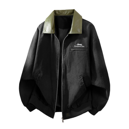 Jeep Retro American Pure Cotton Spring Autumn Workwear Logo Letter Print Versatile Trendy Jacket High Street Long Sleeve Solid Color Spliced Contrast Color Lapel Zip Loose Casual Commute Jacket Unisex
