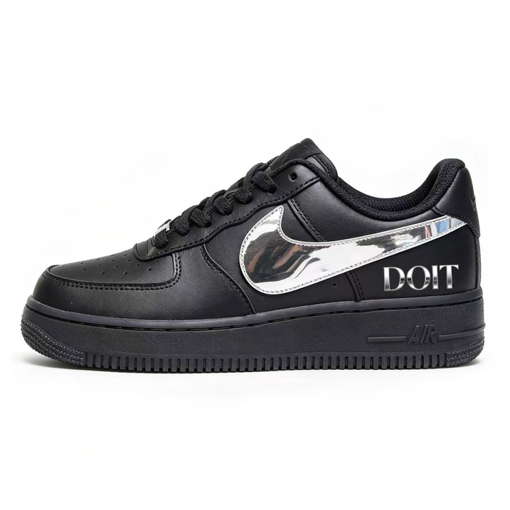 Nike Air Force 1 Custom Sneakers Liquid Metal Mirror Silver Shiny Eye-Catching Trendy Comfortable Fashion Versatile Sports Fitness Commute Street Cushioning Support Breathable Low-Top Skate Shoes Men's White