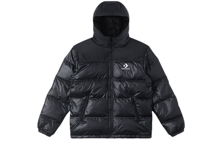 Converse Color Block Casual Logo Embroidery Hooded Long Sleeve Down Jacket Men's Black