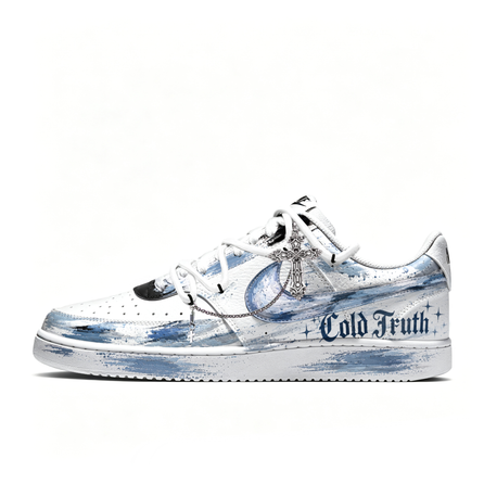 Nike Court Vision 1 Custom Sneakers Vintage Distressed Low-Top Skateboard Shoes Men's White Blue