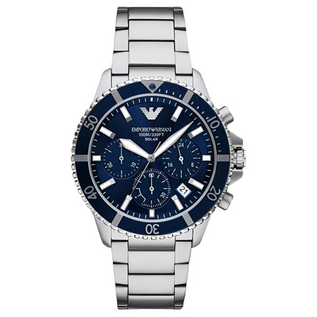 EMPORIO ARMANI Watch Solar Quartz Movement Stainless Steel Bracelet 43.5mm Blue Dial Men's Watch 100M Water Resistant Sport Style