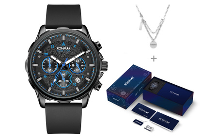 Ronmar Classic Series Three-Eye Six-Hand Chronograph Quartz Movement Silicone Strap Men's Watch Black Dial Sport Waterproof RM-GL02