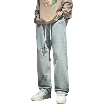 Warrior American High Street Breathable Basic Retro Cartoon Pattern Washed Loose Mid-Rise Height-Lengthening Lace-Up Straight Leg Jeans Unisex
