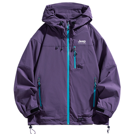 Jeep Loose Fashion Letter Logo Print Color-Block Multi-Zip Pocket Drawstring Lock Adjustment Oversized Cut Hiking Roaming City Premium Texture Personalized Trendy Hooded Functional Outdoor High Street Retro Workwear Jacket Unisex