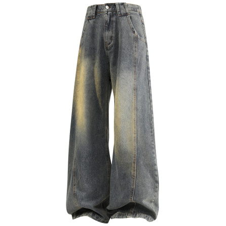 Jeep American High-Street Retro Clean Fit Heavy Wash Curved Blade Pants Distressed Patchwork Design Wasteland Style High-Waist Draping Hip-Hop Street Personality Loose Fashion Jeans Unisex