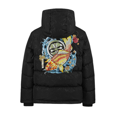 EVISU Hooded Family Flower Print and Carp Embroidery Down Jacket Men's Black