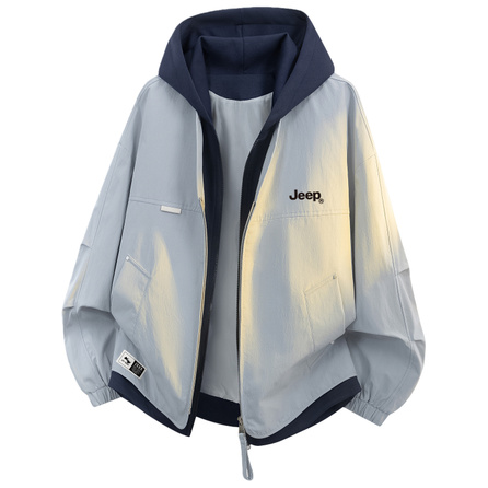 Jeep American Retro Fake Two-Piece Colorblock Patchwork Workwear Brand Letter LOGO Windproof Jacket Loose Casual Preppy Style Comfortable Breathable Daily Commute Versatile Hooded Youthful Genderless Fall Jacket Unisex