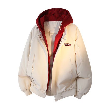 Warrior 'Riding the Waves' Series American Trendy Campus Style Color-Blocking Fake Two-Piece Zipper DIY Detachable Brand Merch Loose Casual Versatile Padded Fleece-Lined Warm Hooded Baseball Puffer Jacket Unisex