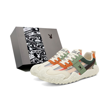 Playboy Retro Trendy Personality Deconstructed Spliced Color-Block Design High Street Academy Style Comfortable Fashion Daily Commute Casual Sports Versatile Gift Box Wear-Resistant Lightweight Breathable Non-Slip Low-Top German Army Trainers Men's