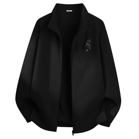 MINISO Cleanfit American High Street Retro Minimalist Ink Bamboo Leaf Print Solid Color Zip Design Stand Collar Bomber Pilot Jacket Genderless Daily Casual Commute Versatile Windproof Jacket Unisex