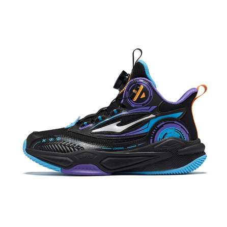 ERKE Kids 'Zhi Ge' Synthetic Leather Fabric Comfortable Trendy Patch Upper Slip-Resistant Cushioned Wear-Resistant Rebound Mid-Top Kids Basketball Shoes True Black Youth