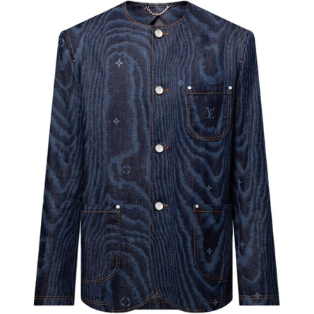 LOUIS VUITTON FW25 Early Autumn Men's Collection Collarless Denim Rivet Full Monogram Print Long Sleeve Denim Jacket Men's Blue
