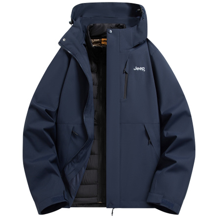 Jeep Casual Series Premium Detachable Puffy Duck Down Liner Outdoor Hiking 3-in-1 Solid Color Trench Coat Hooded Long Sleeve Two-Piece Windproof Warm Waterproof Durable Puffer Jacket Unisex